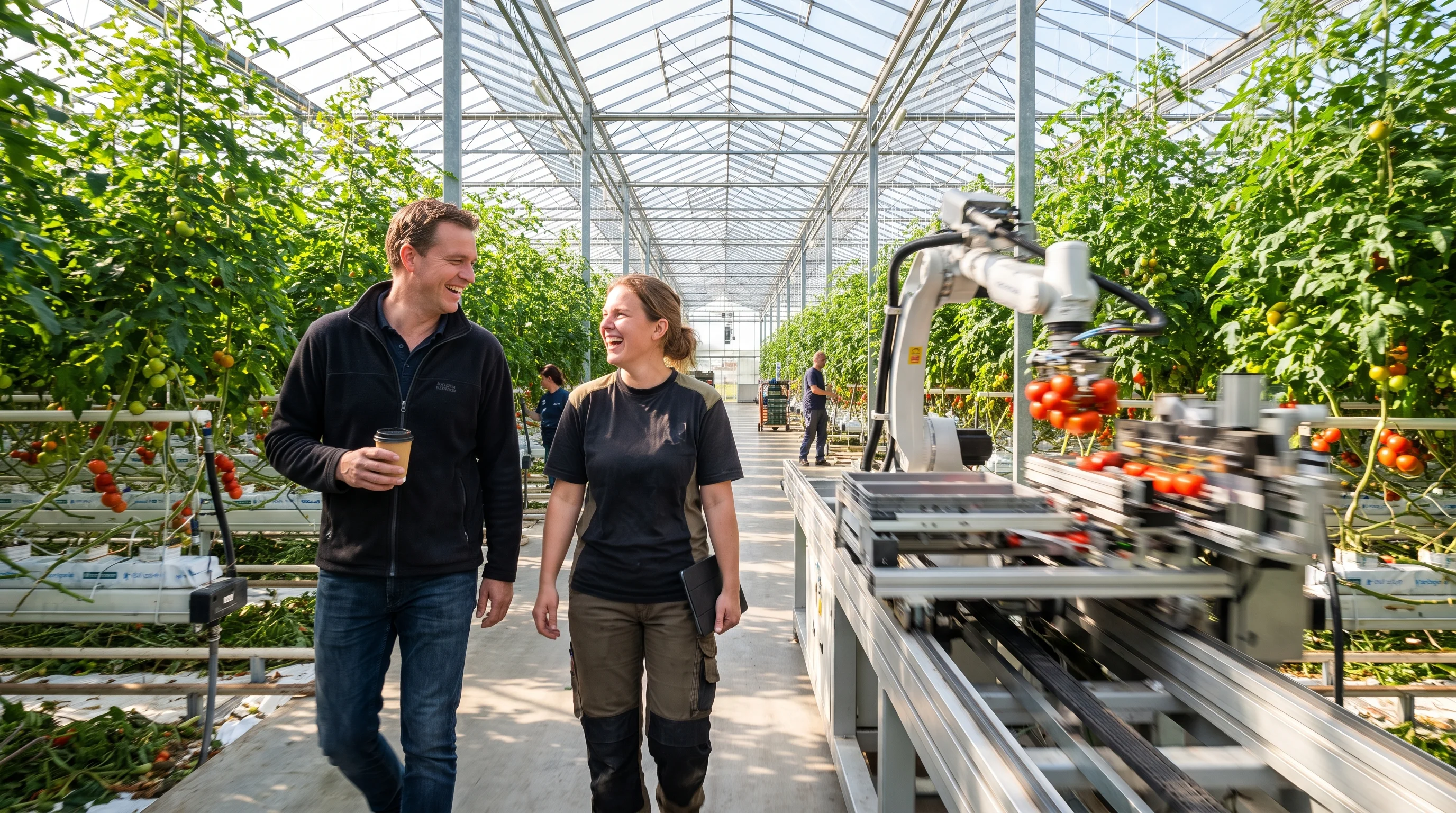 An adviser and a grower walk through a greenhouse laughing, while a harvesting robot picks tomatoes