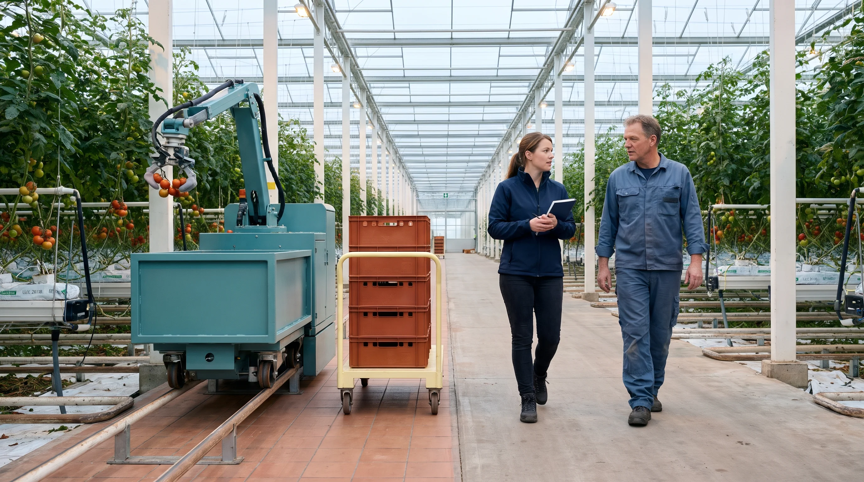 Een adviseur en een teler lopen pratend door een kas terwijl een oogstrobot naast hen tomaten plukt