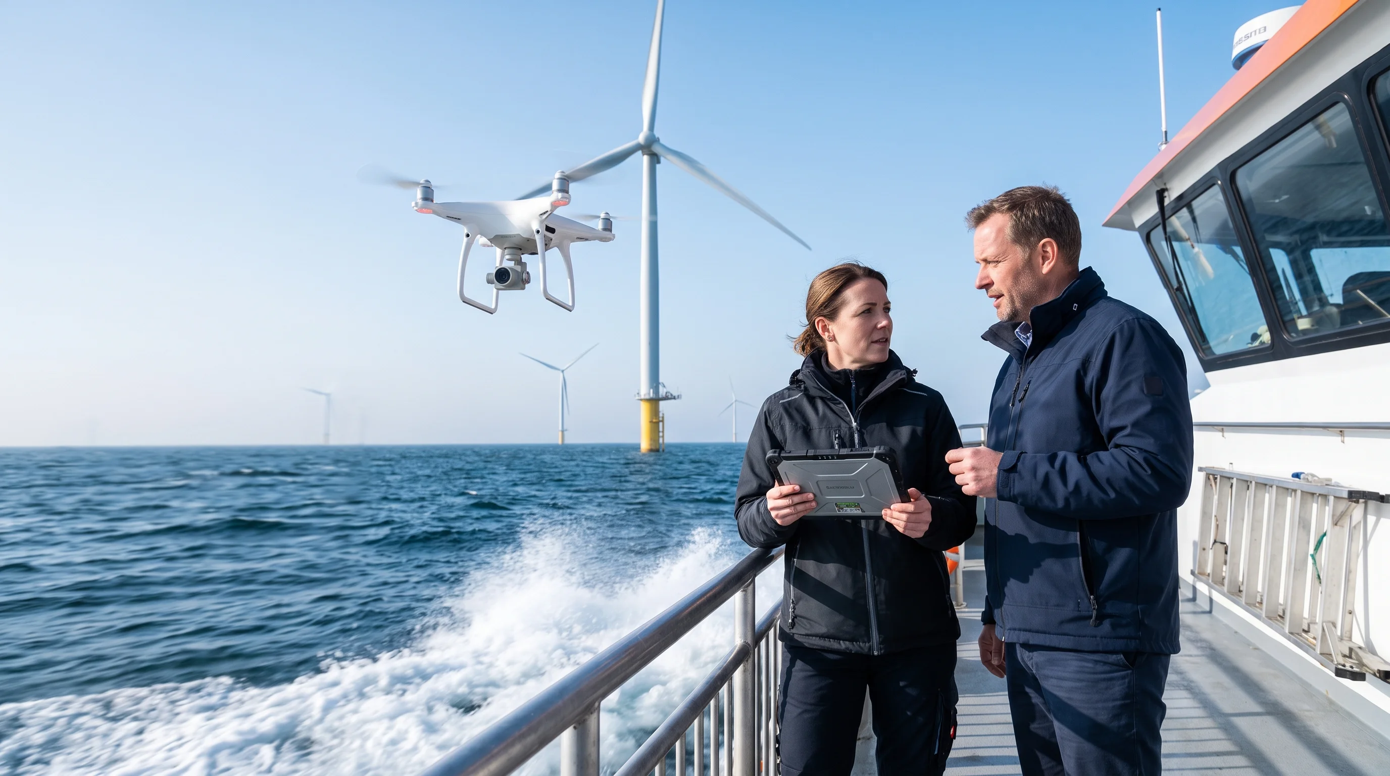 An adviser and the asset manager of a wind farm talk on a boat while an inspection drone flies past a wind turbine