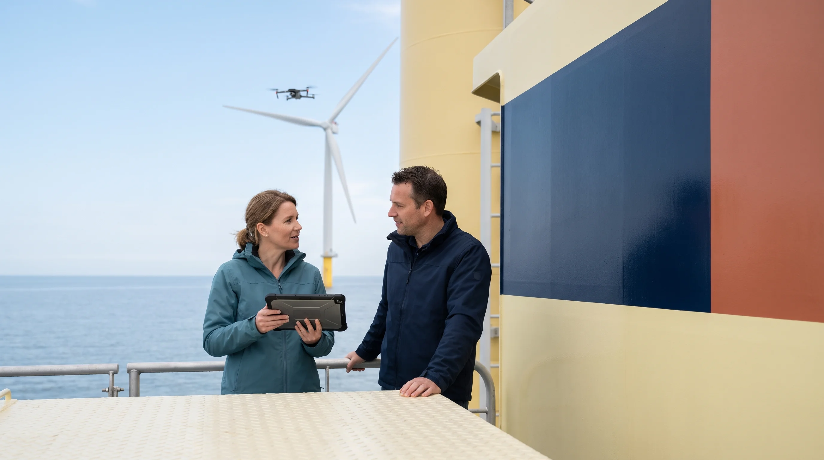 Een adviseur en de assetmanager van een windpark praten op een boot terwijl een inspectiedrone langs een windturbine vliegt