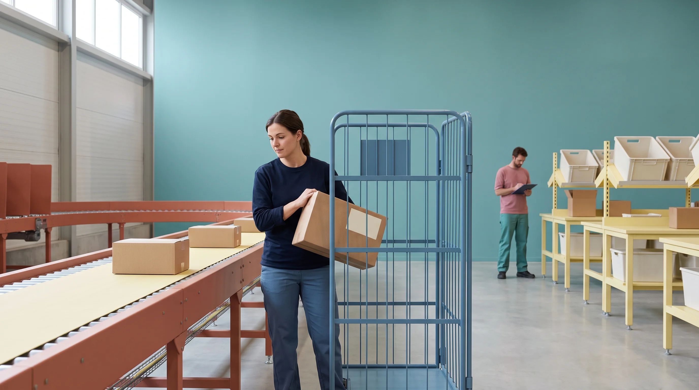 Een medewerker tilt een pakket met verzendlabel van de verpakkingslijn op een rolcontainer