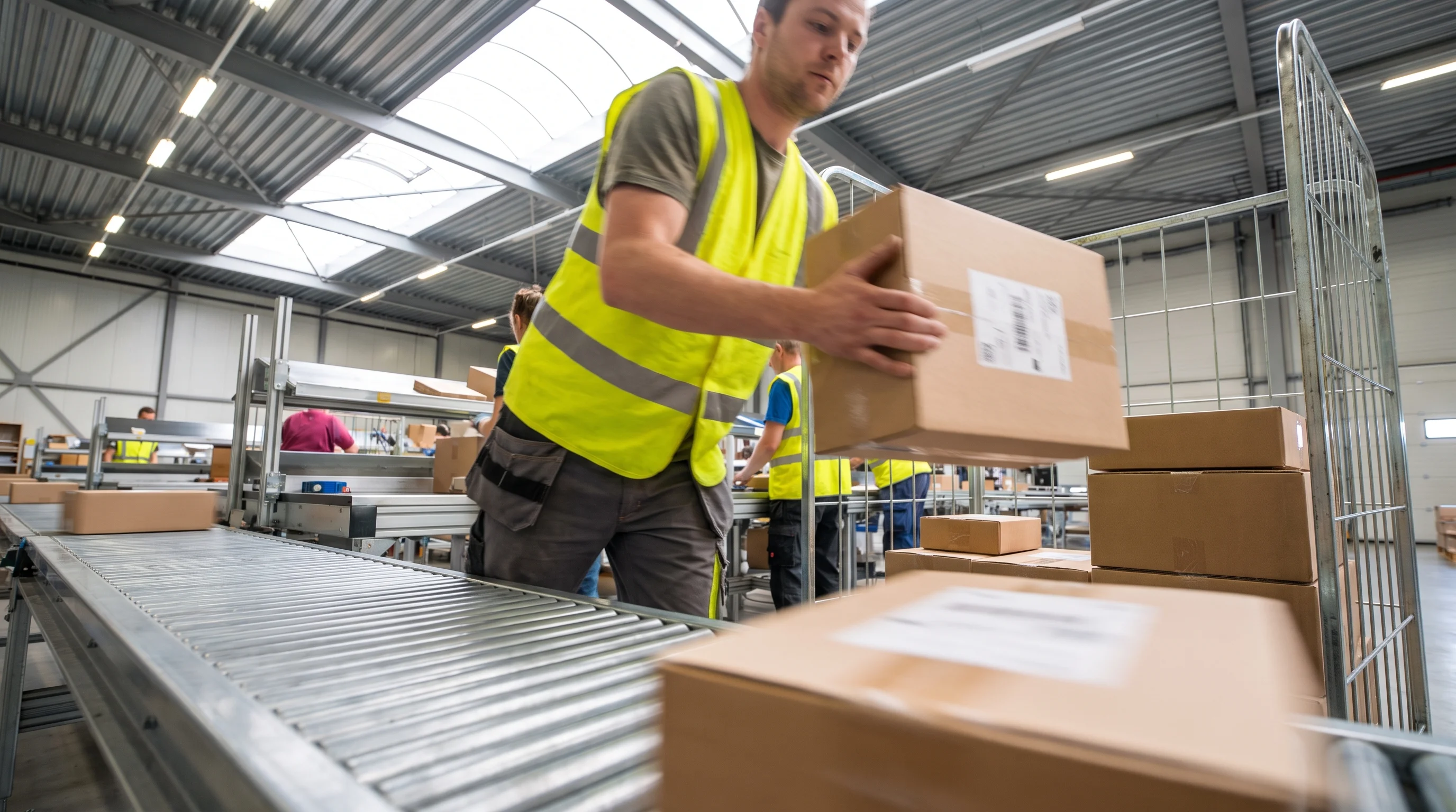 An employee lifts a parcel with a shipping label from the packing line onto a roll cage