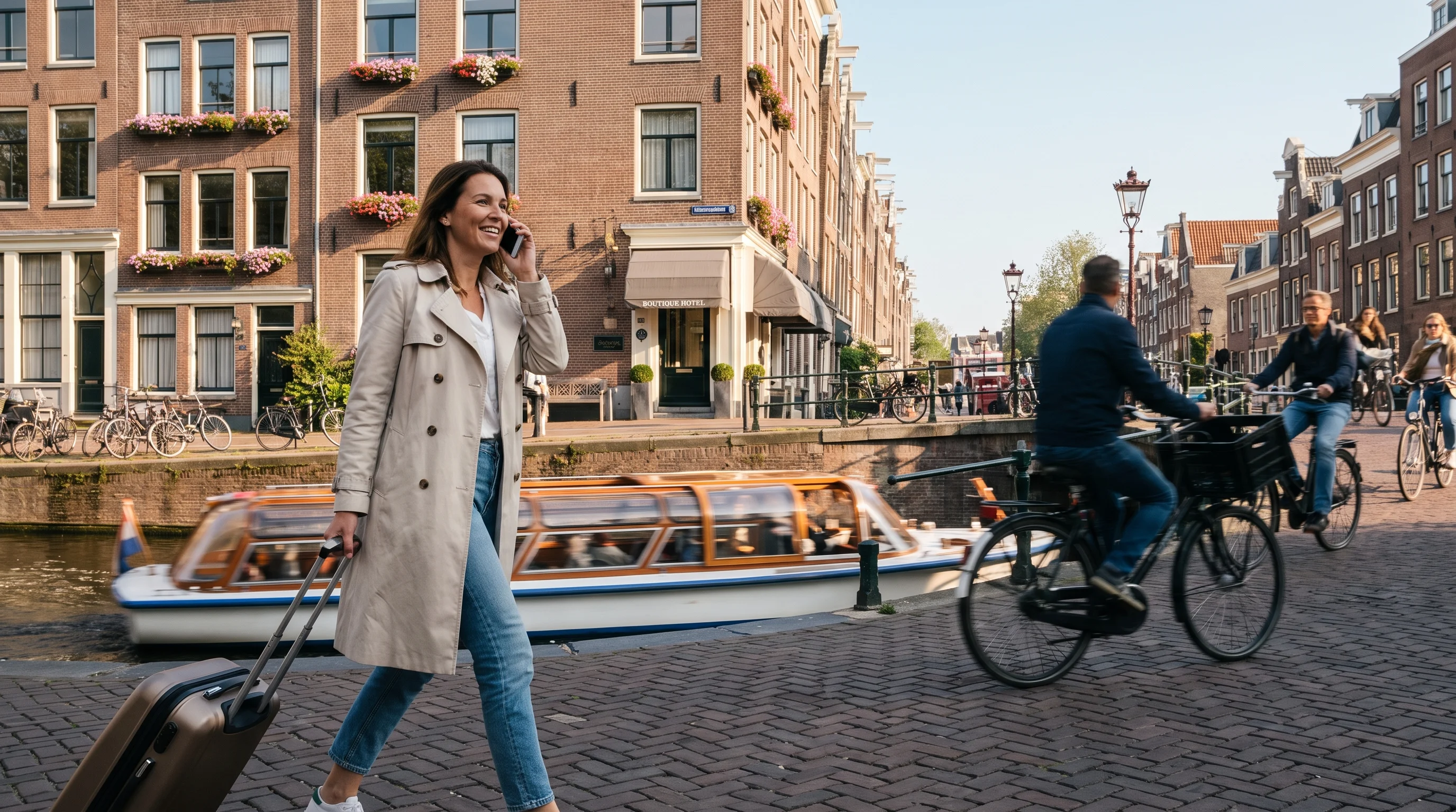 A woman on the phone as she walks along an Amsterdam canal with her suitcase