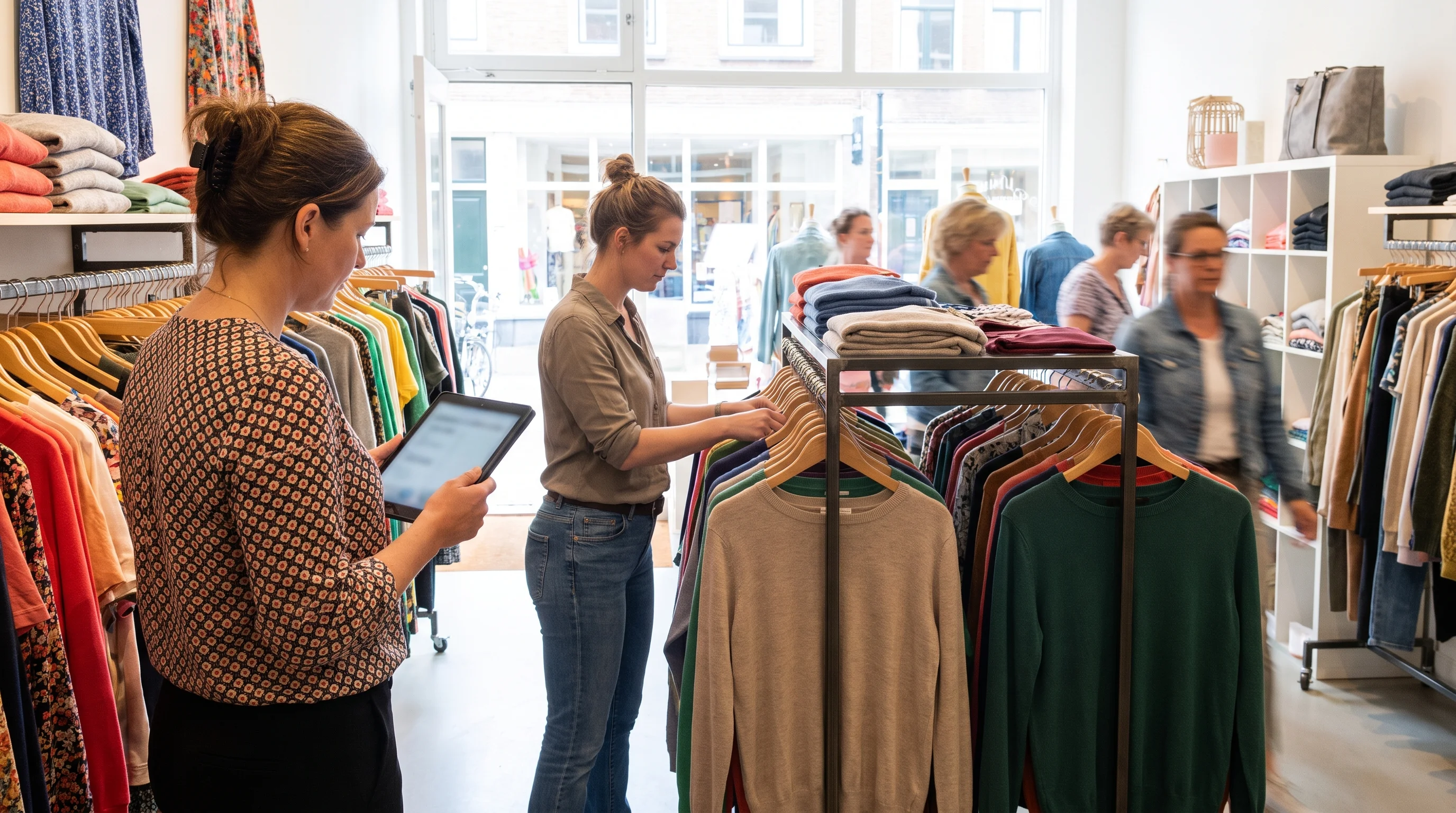 A store manager checks a restock order on her tablet while a colleague fills a shelf