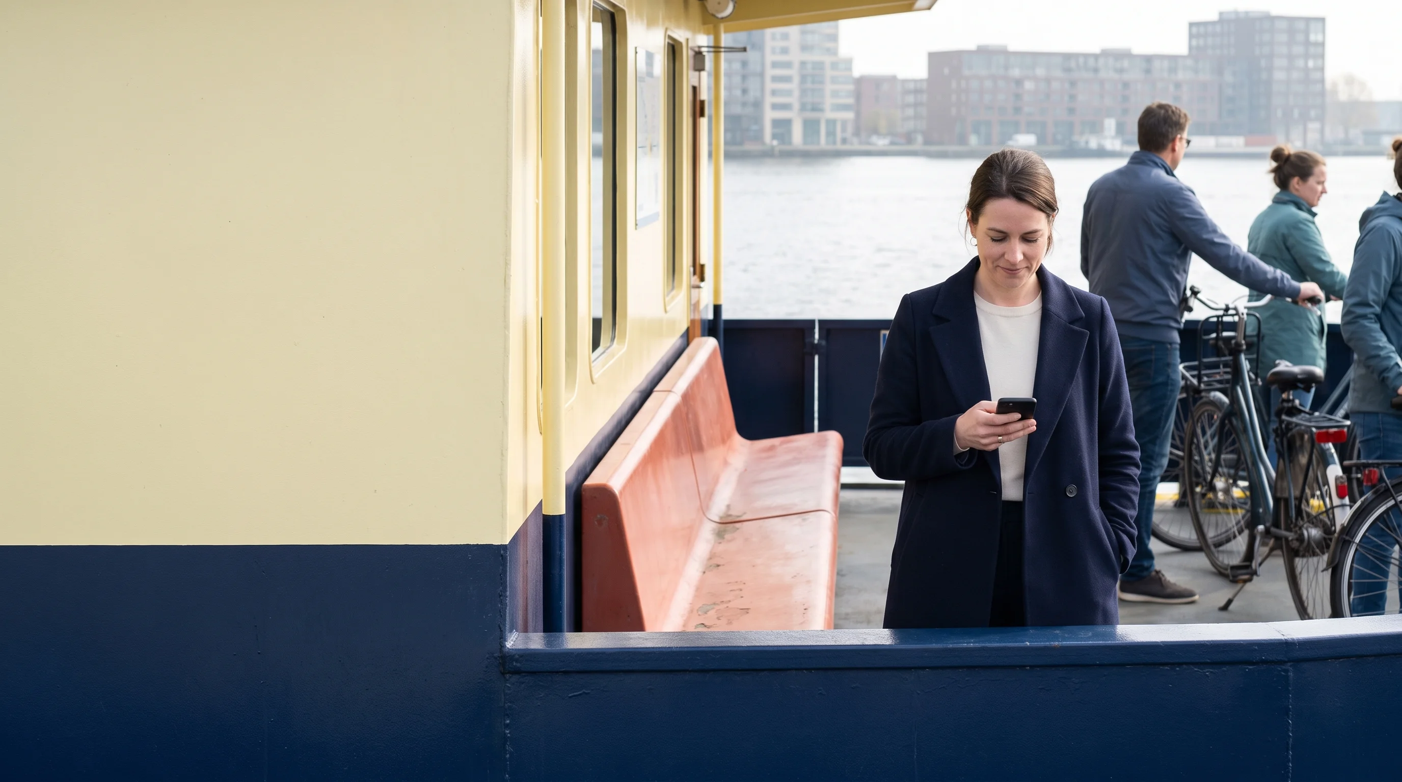 Een zakenvrouw keurt op de pont over het IJ een offerte goed in een app op haar telefoon