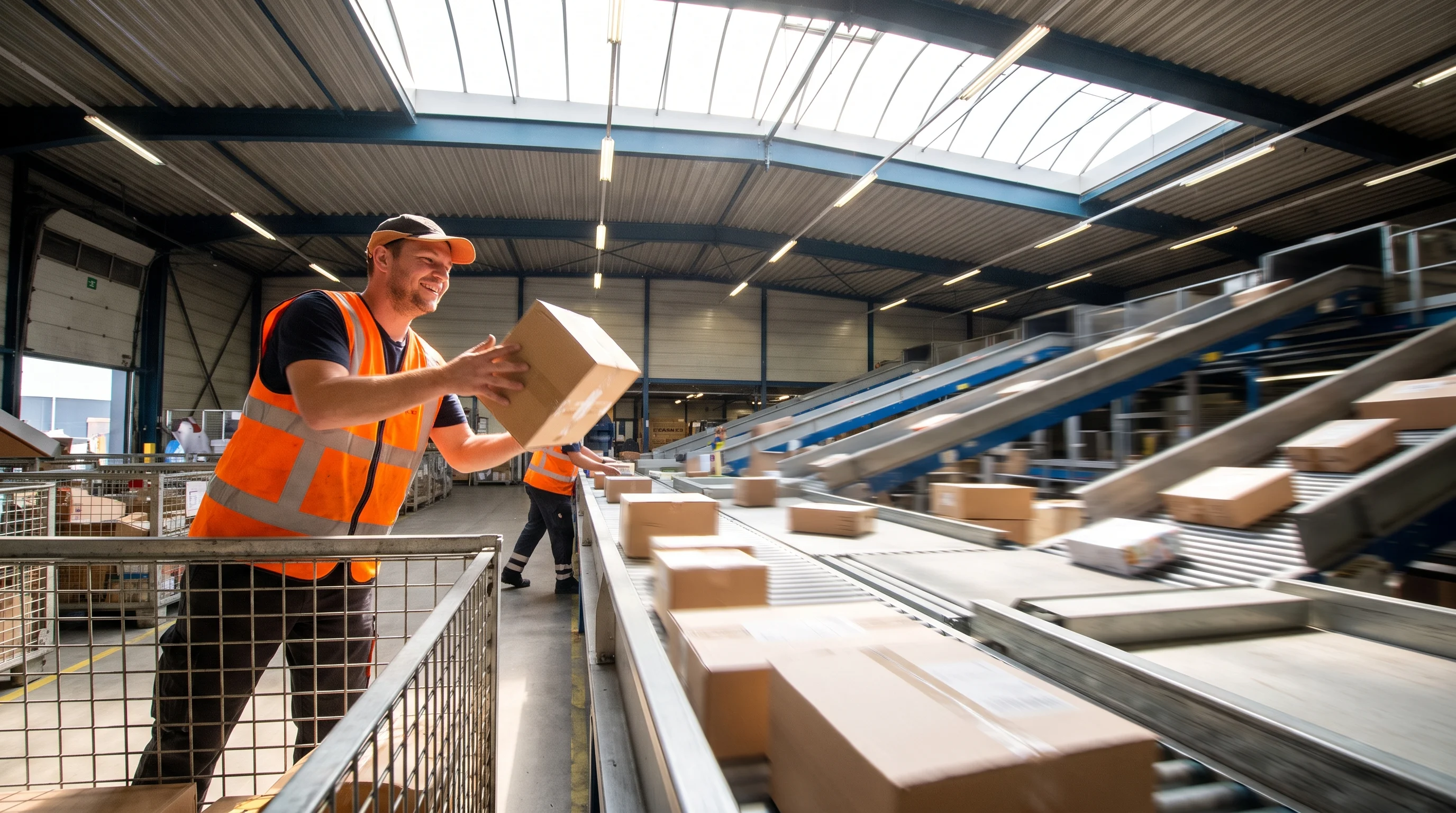An employee catches a parcel between racing sorting belts in a distribution centre