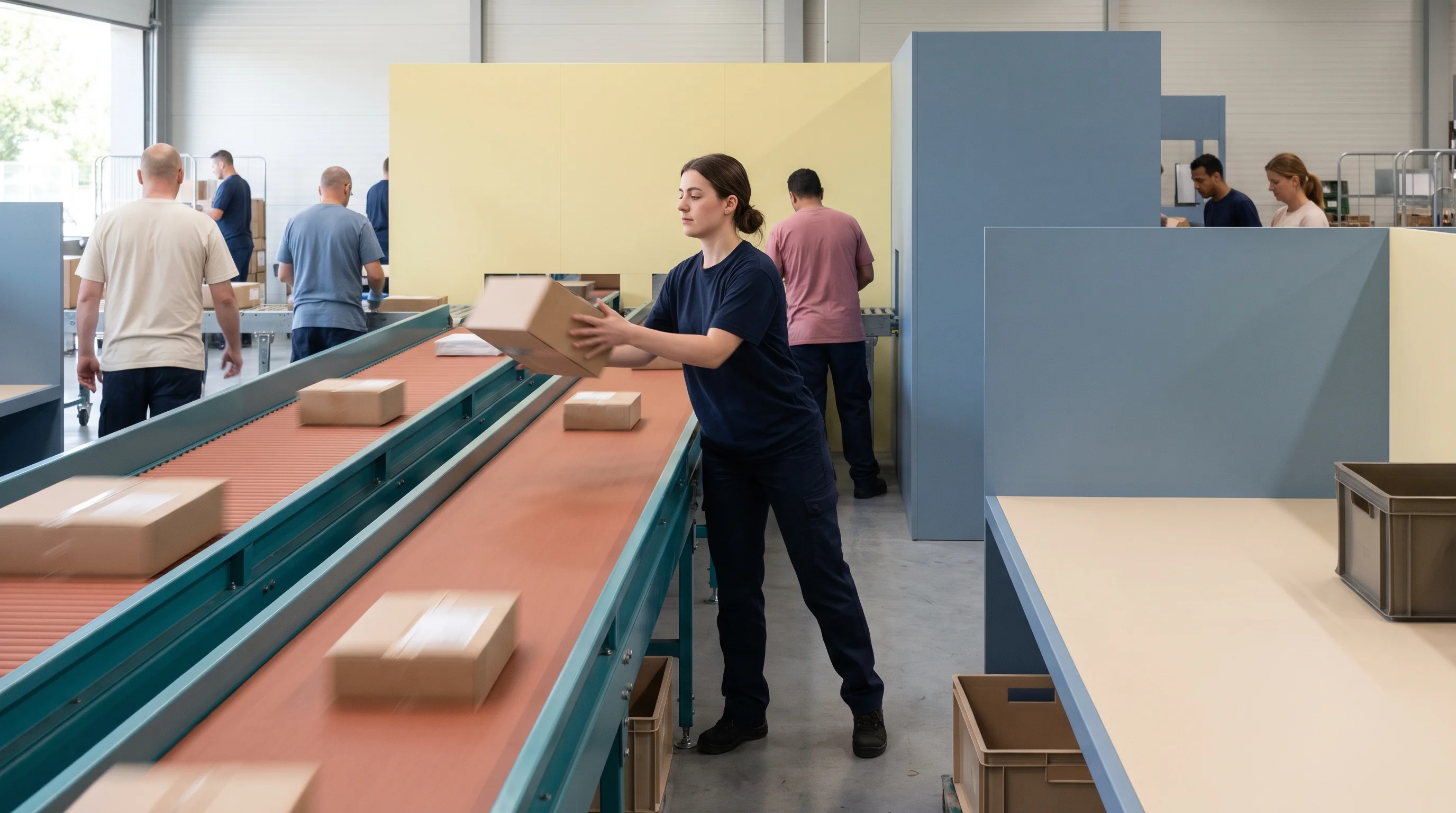 Een medewerker pakt een pakket van een snel lopende sorteerband in een sorteercentrum
