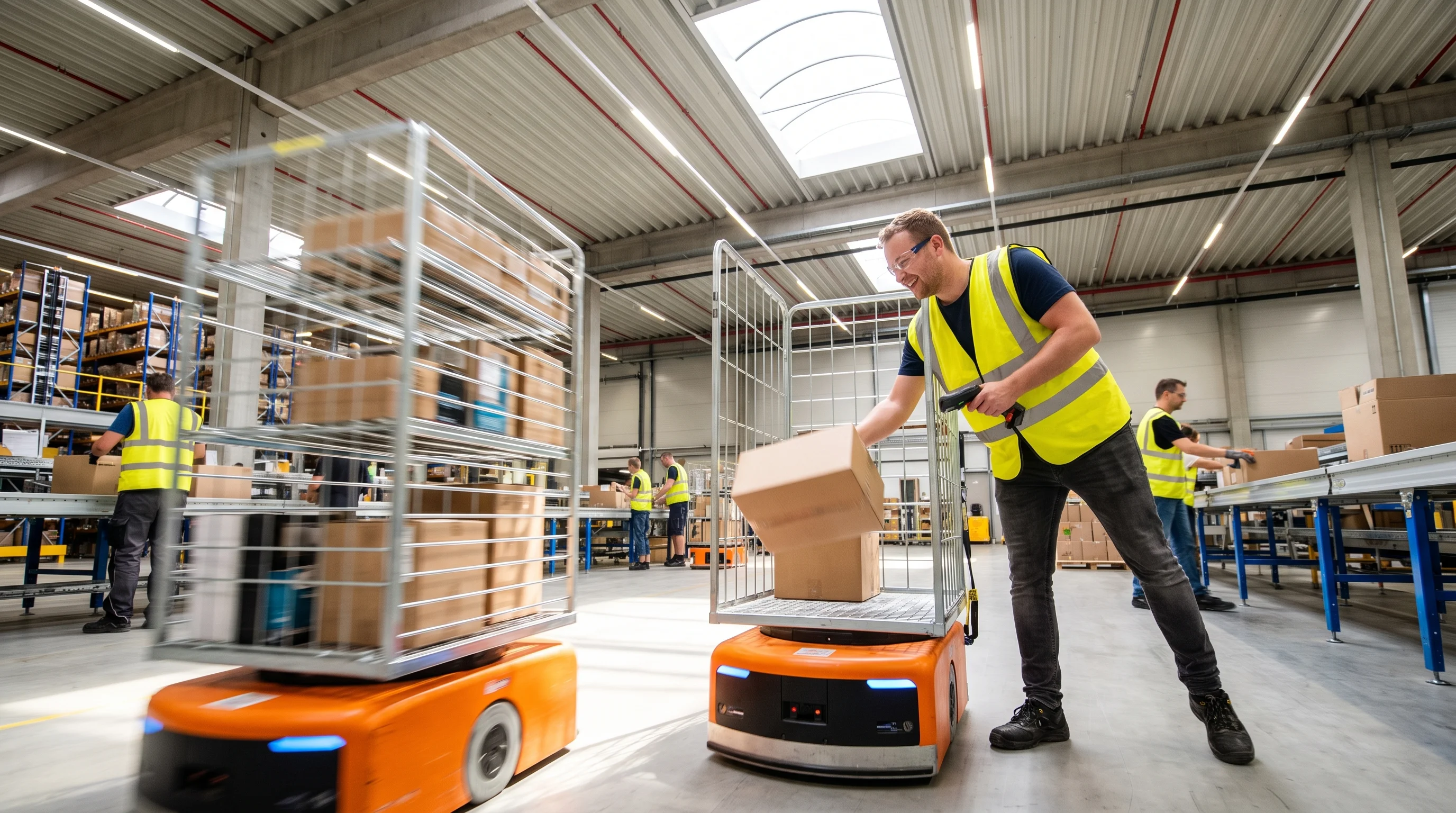 An order picker takes a box from a moving warehouse robot in a sunny distribution centre