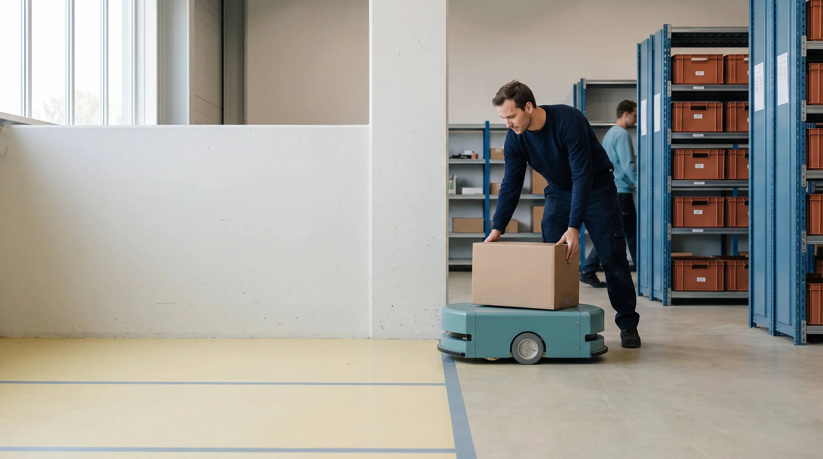 Een orderpicker pakt een doos van een magazijnrobot in een distributiecentrum