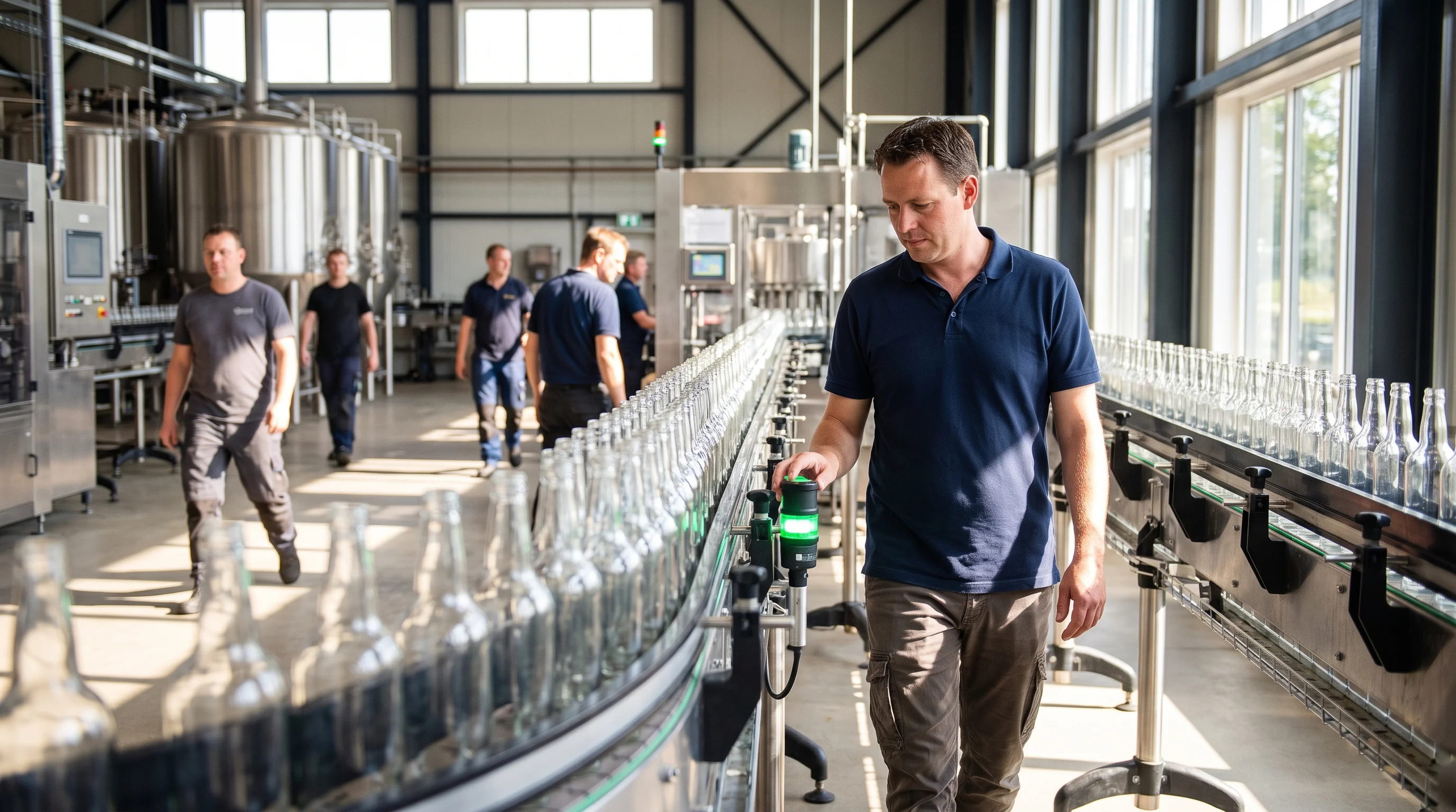 An operator walks along a running bottling line and checks a sensor with a green light