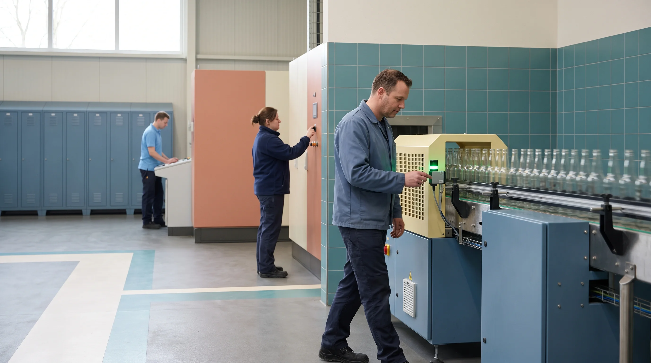 Een operator controleert een sensor met een groen lampje aan een draaiende bottellijn