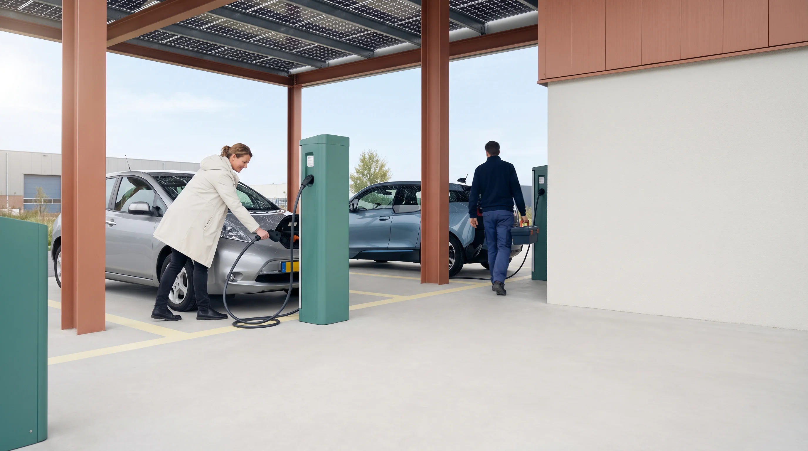 Een bestuurder sluit haar elektrische auto aan op een snellaadplein onder een dak van zonnepanelen