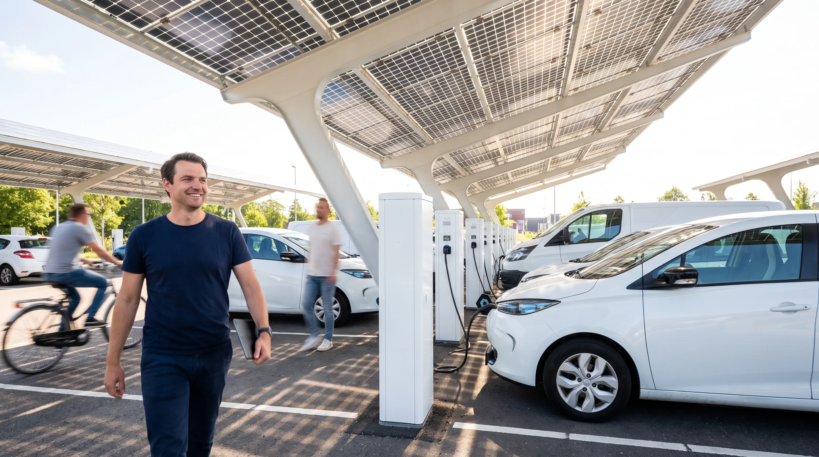 Electric cars charging at a fast-charging hub under a roof of solar panels