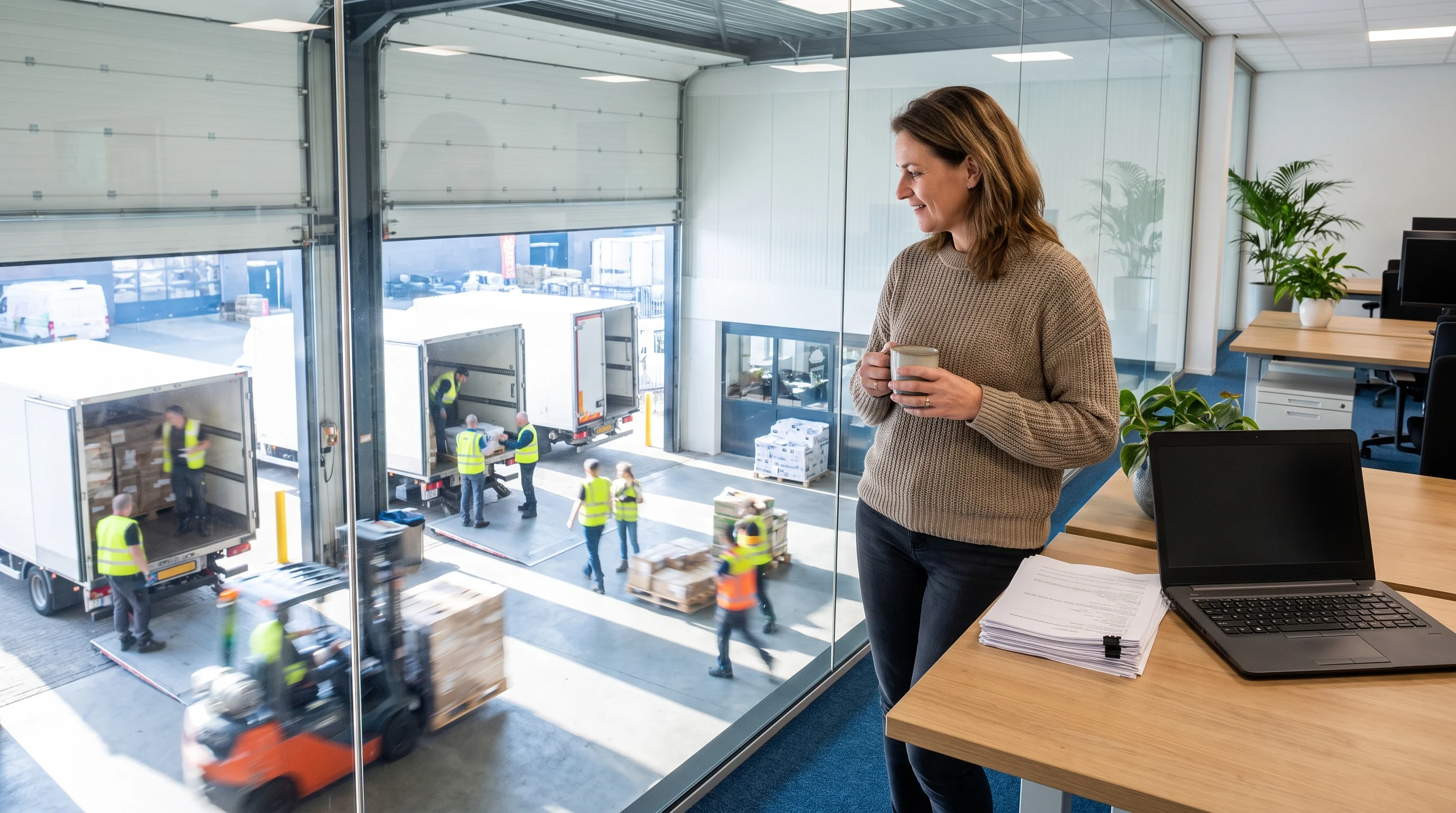 An order administrator with a cup of coffee looks out over the loading docks where lorries are being loaded