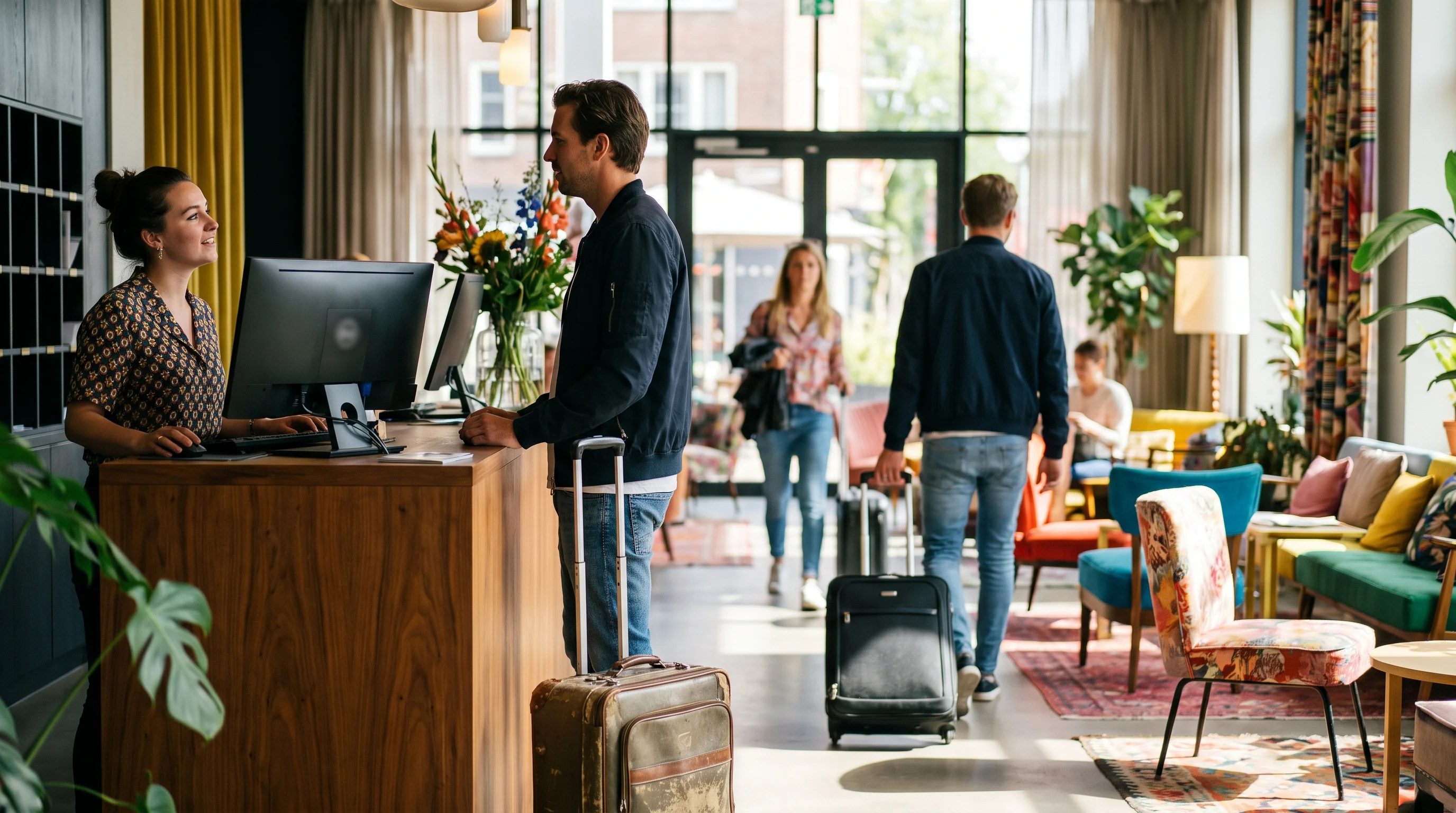 A hotel receptionist looks up an answer while a guest with a suitcase waits at the desk