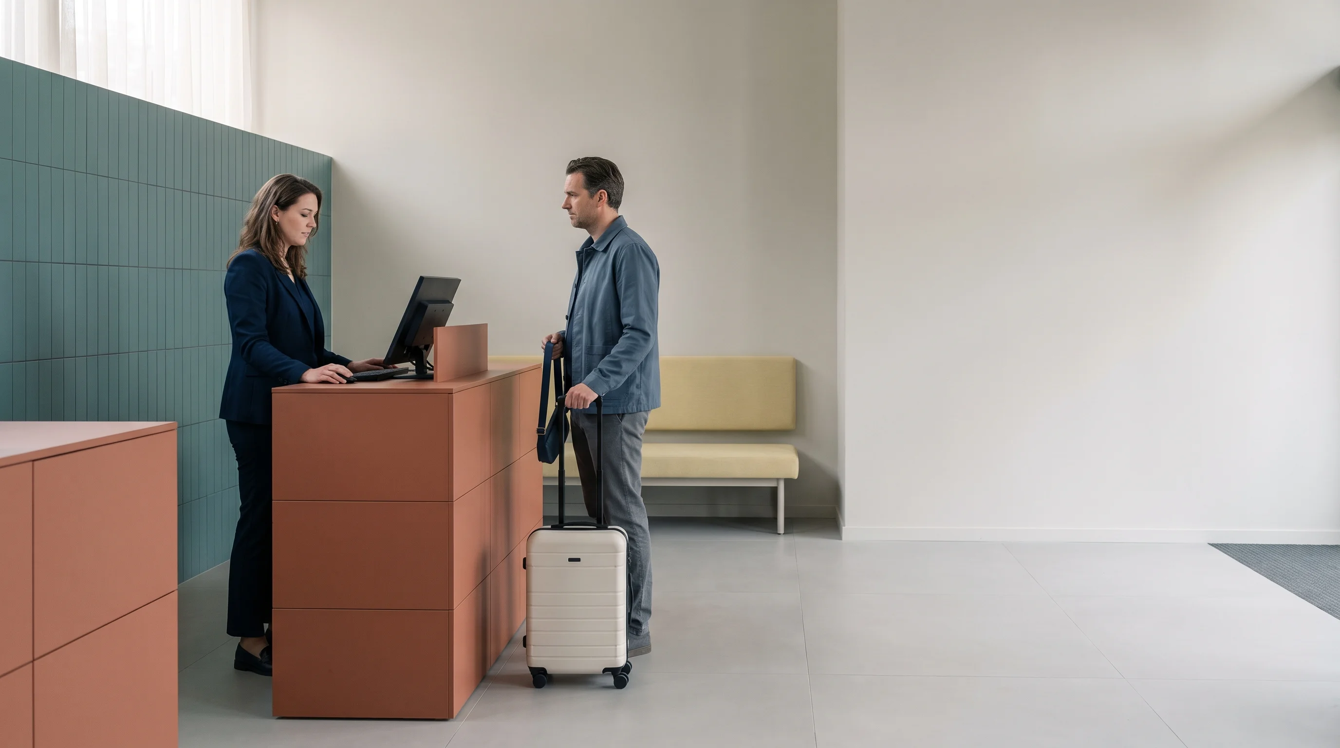Een receptioniste van een hotel zoekt een antwoord op terwijl een gast met koffer aan de balie wacht