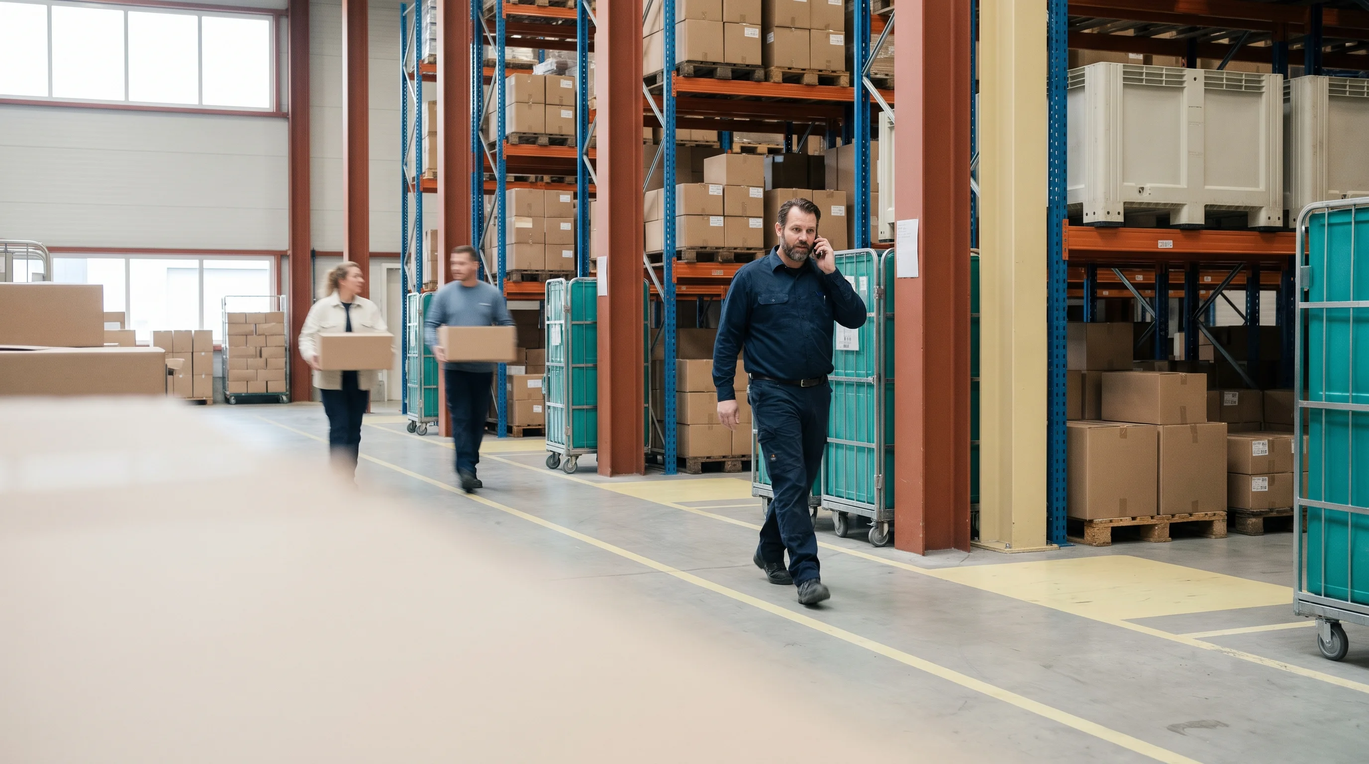 Een operationeel manager belt terwijl hij door een druk distributiecentrum loopt