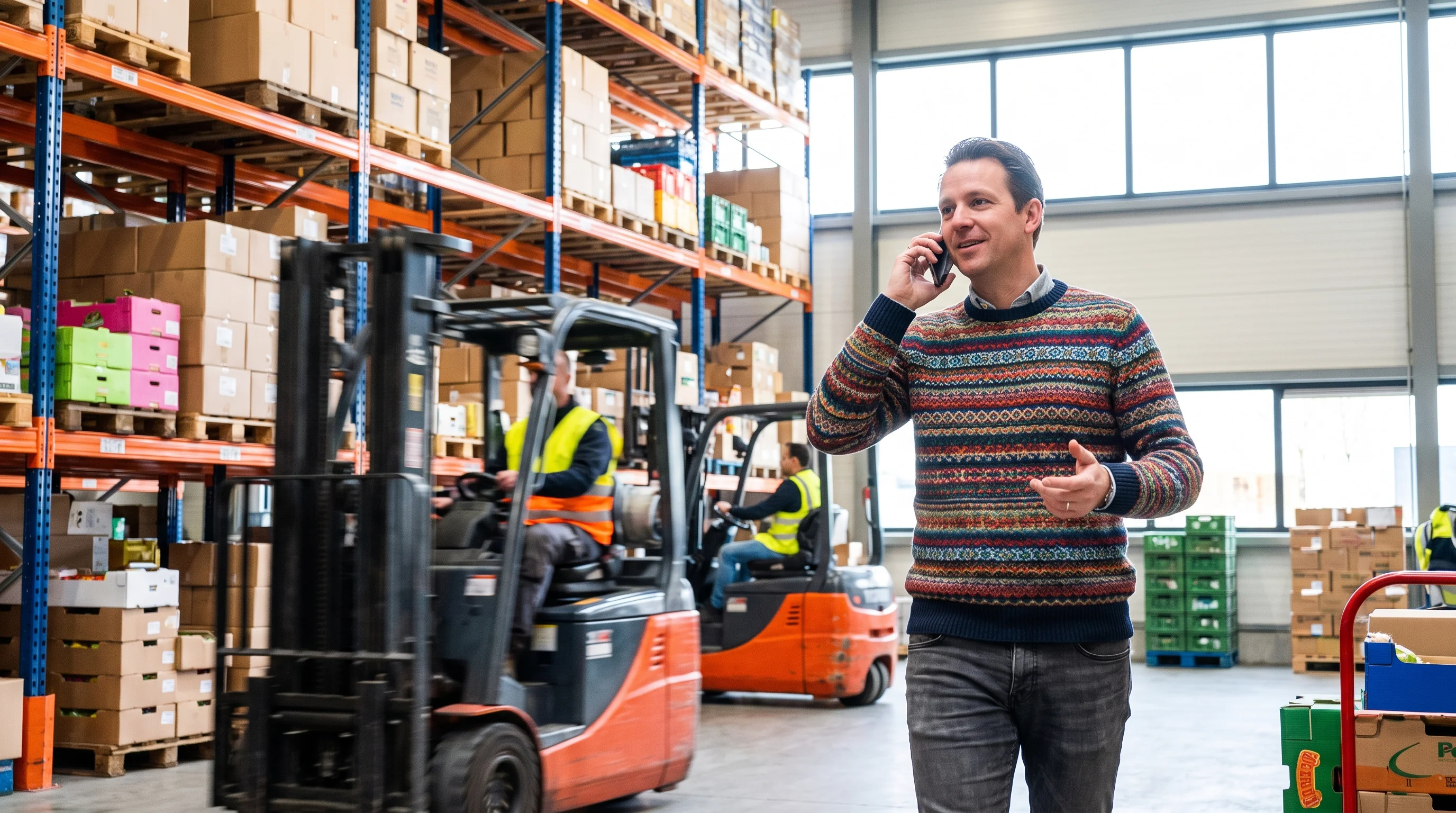 An operations manager on the phone as he walks through a busy distribution centre