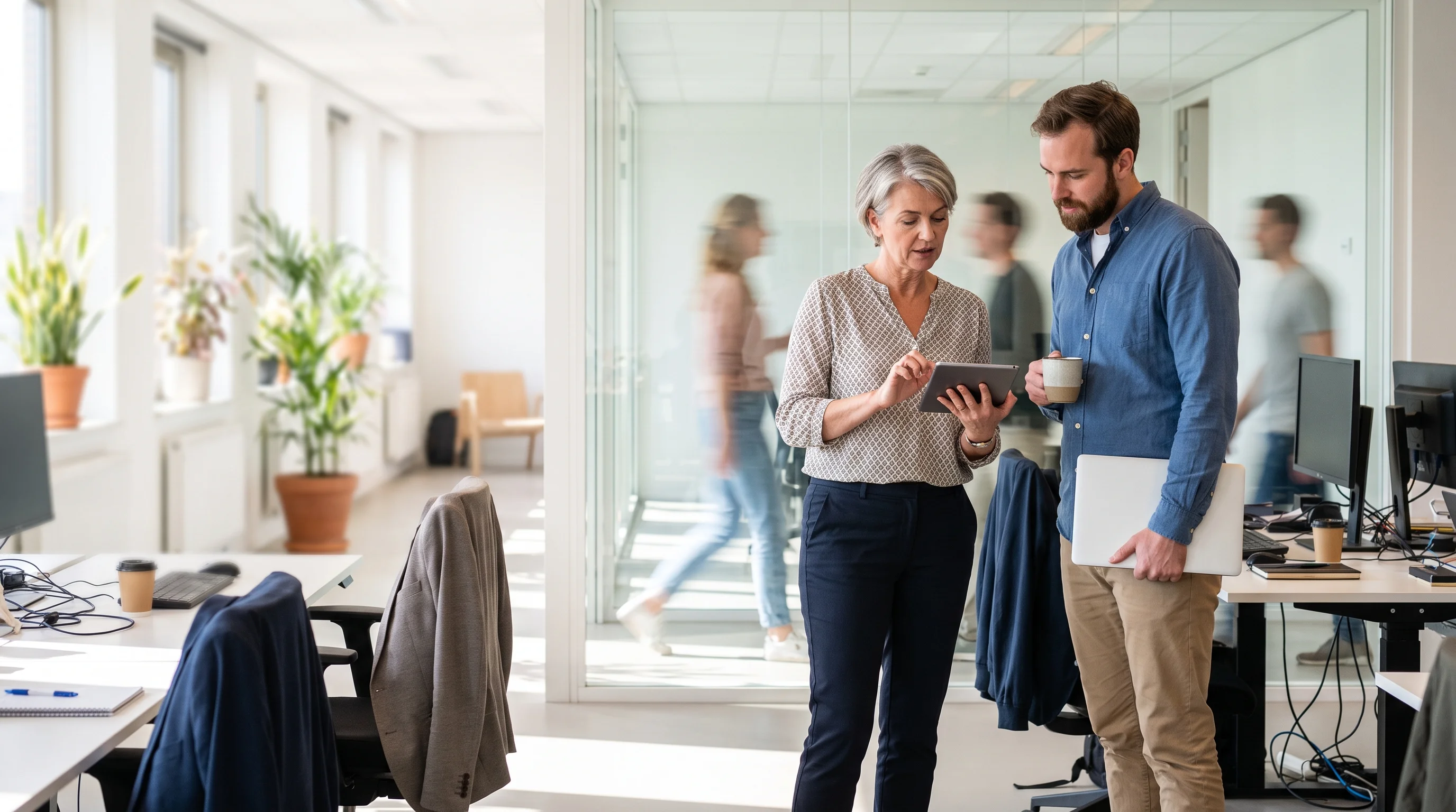 An IT manager and a colleague go through a checklist on a tablet together in a bright office corridor