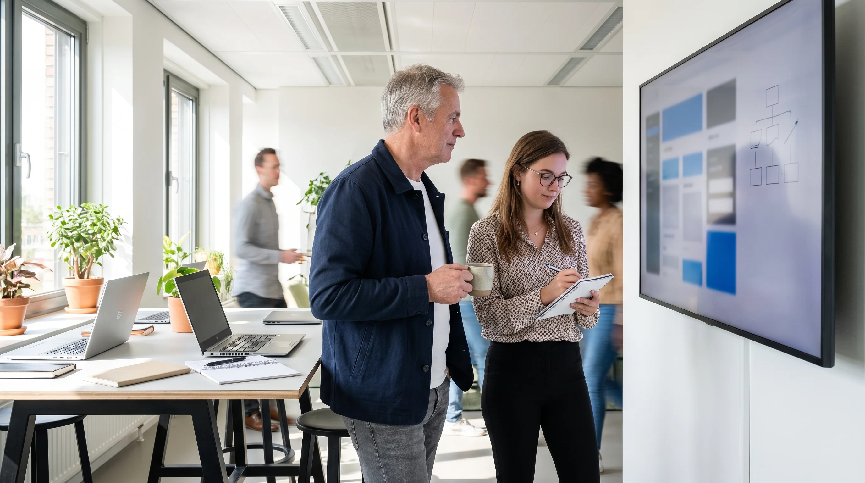 An experienced developer goes through the documentation with a new colleague while she takes notes, next to a large screen on the wall
