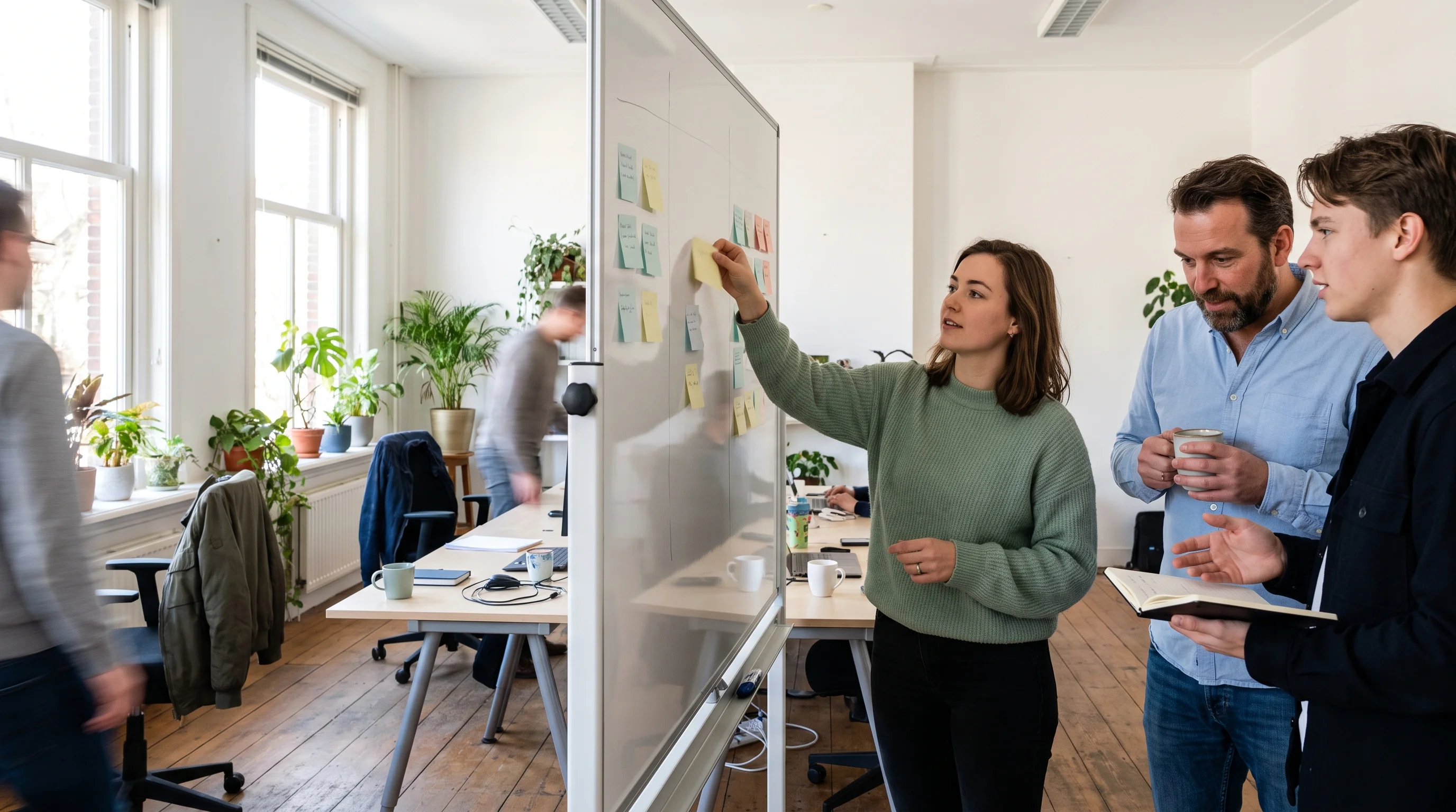 A small product team plans at a whiteboard covered in coloured sticky notes; one of them moves a note to the next column