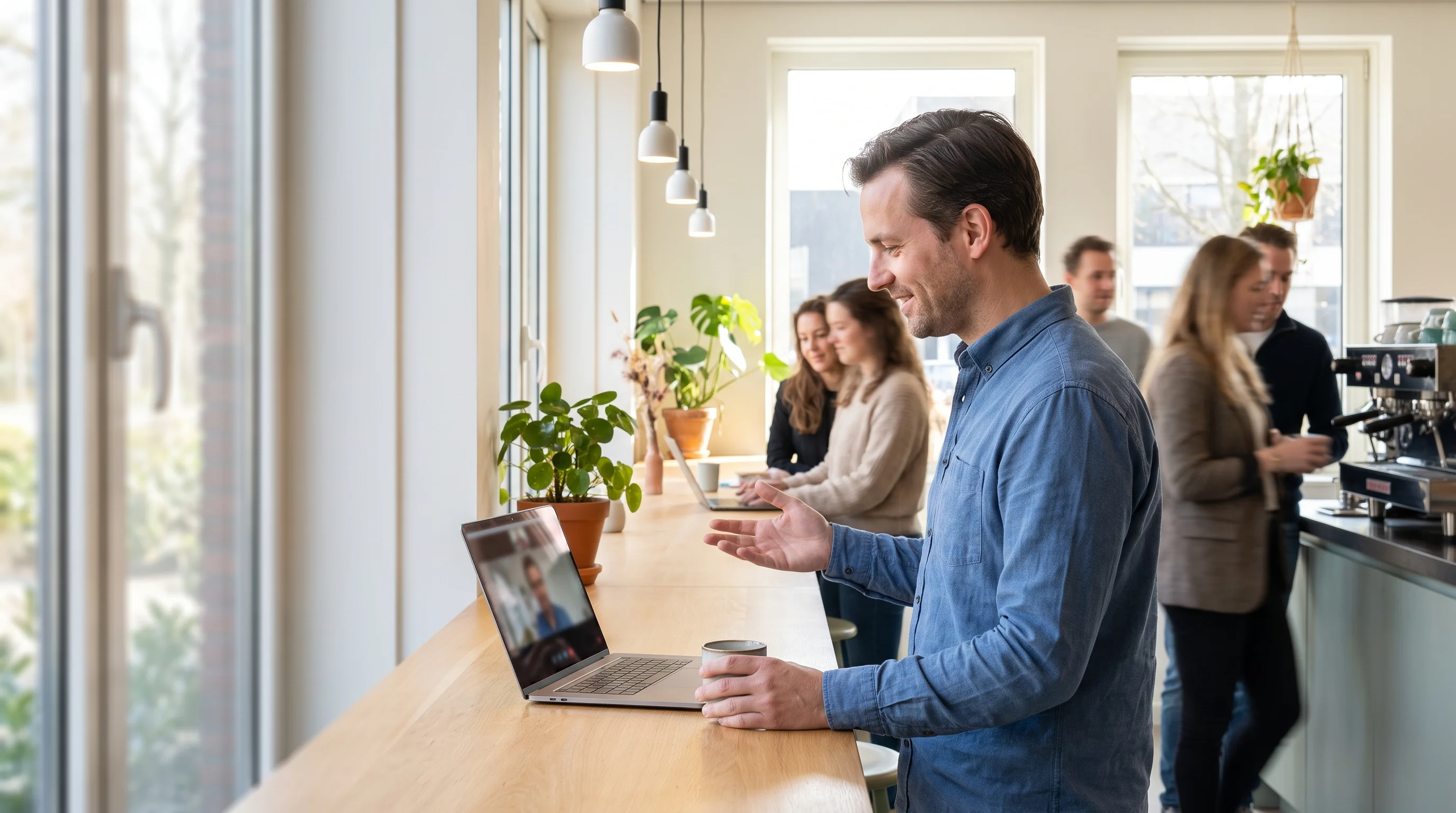 A developer stands at the bar of a sunny coffee corner on a video call on his laptop, a cup of coffee in his hand